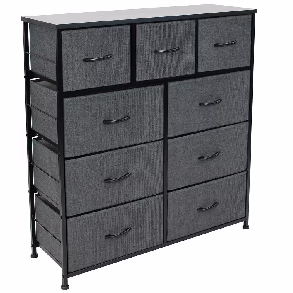 Sorbus 9-Drawer Black Rustic Dresser with Steel Frame Wood Top Easy Pull Fabric Bins 39.5 in. L x 11.5 in. W x 39.5 in. H
