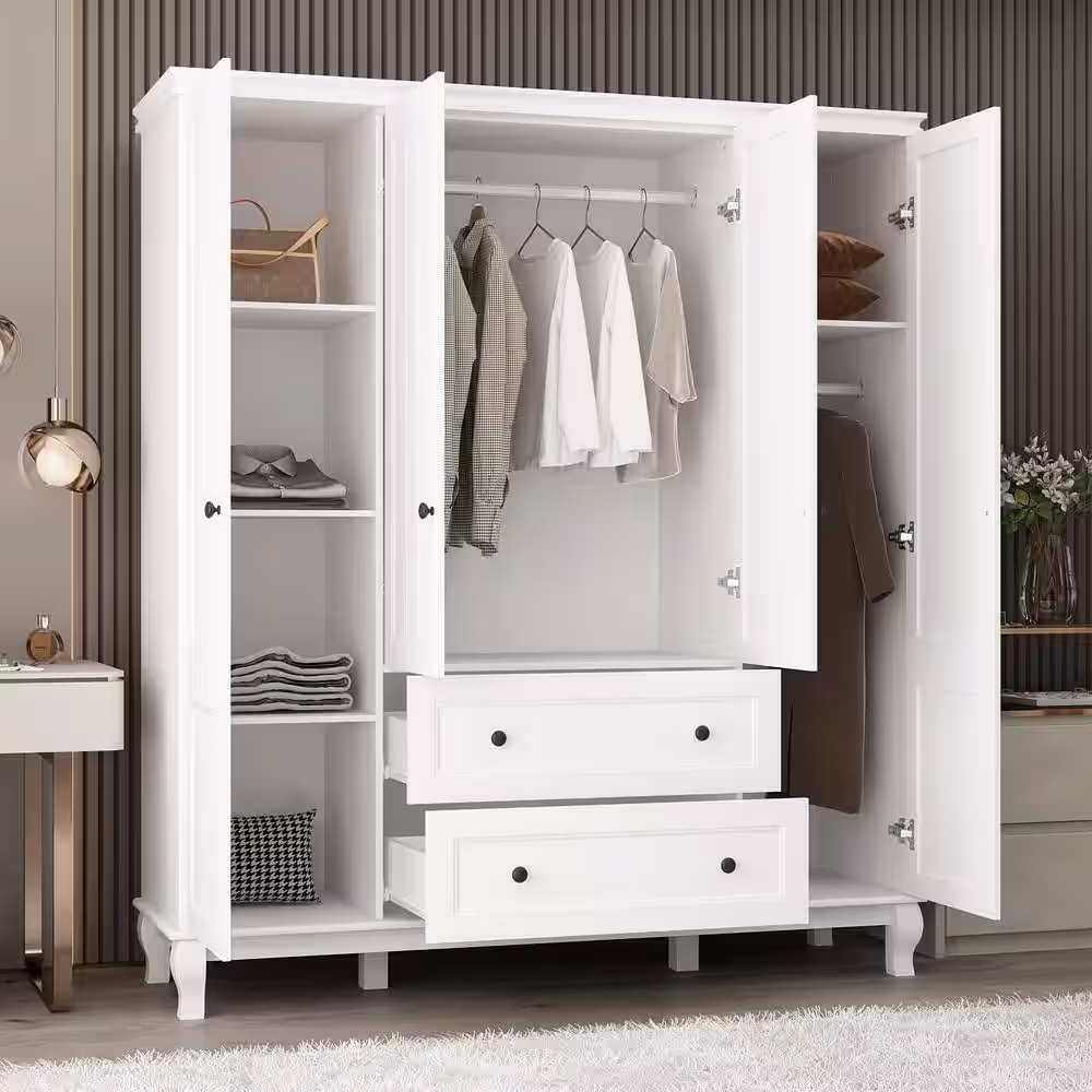 FUFU&GAGA White Wood 63 in. W 4-Door Big Armoires Wardrobe with Hanging Rod, 2-Drawers, Storage Shelves(18.9 in. D x 71.3 in. H)