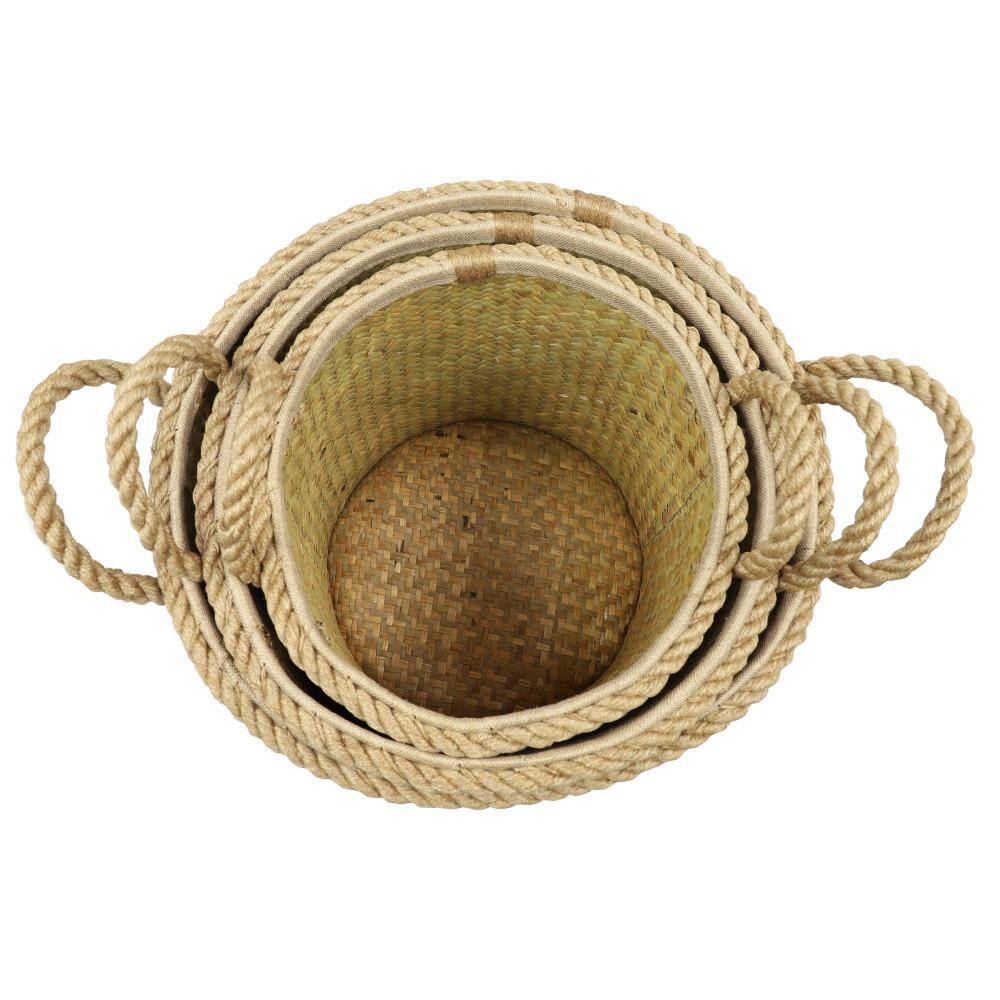 Litton Lane Seagrass Handmade Two Toned Storage Basket with Handles (Set of 3)