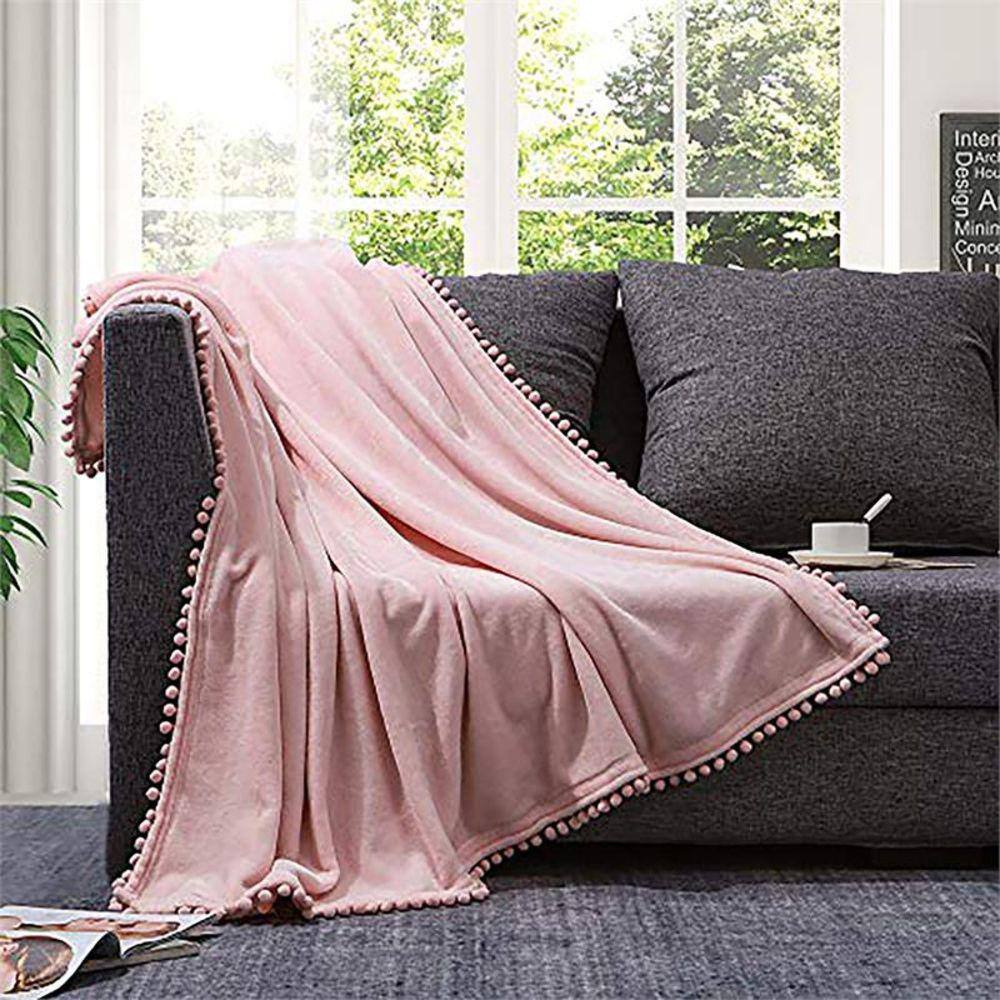 None Misty Pink 60 in. x 80 in. Lightweight Soft Microfiber Throw Blanket with Pom Pom Fringe