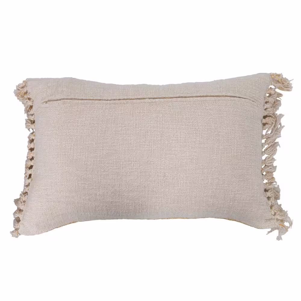 Storied Home 16 in. x 20 in. Yellow Stonewashed Cotton Slub Lumbar Pillow with Dot Pattern and Fringe