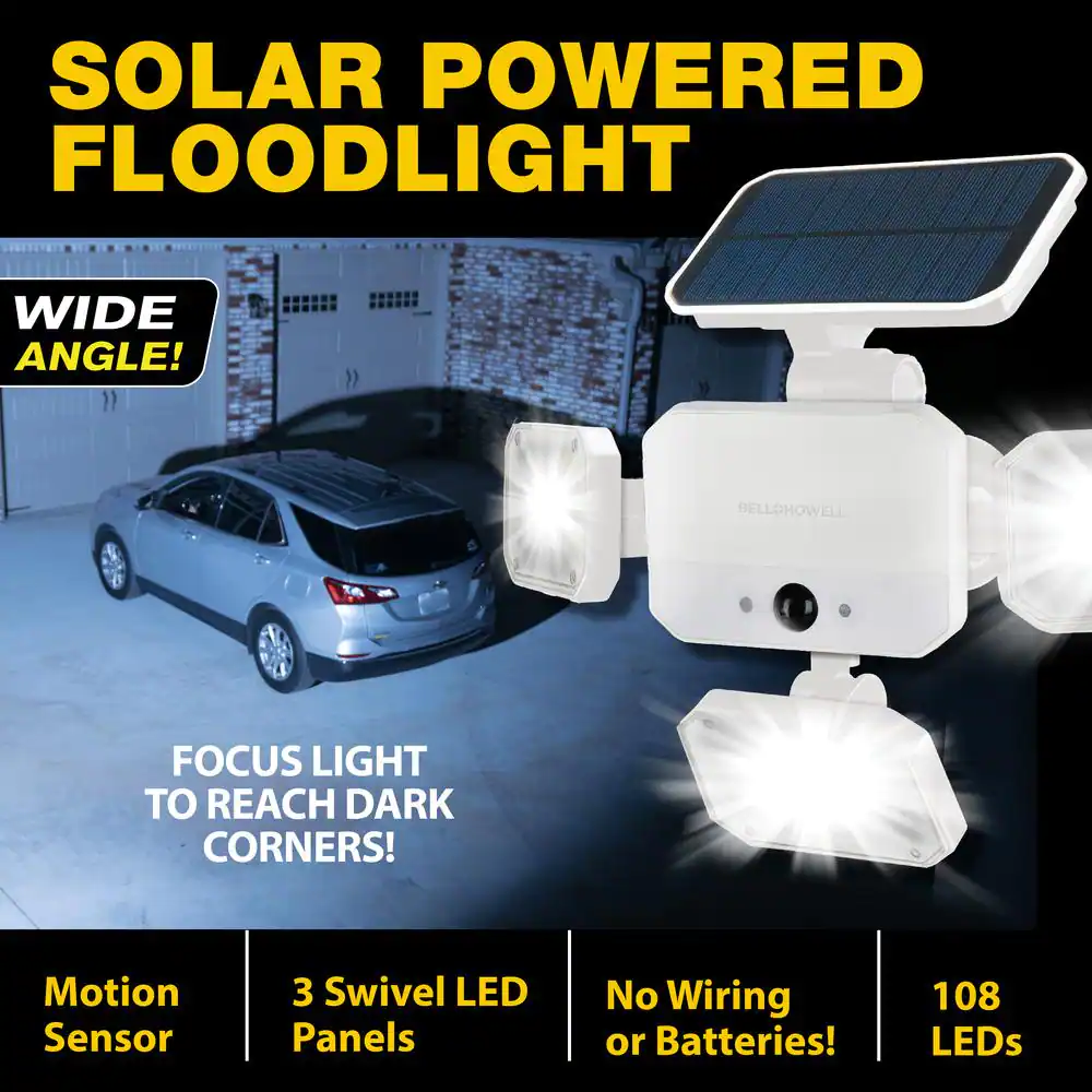 Bell + Howell 180-Degree Swiveling Light White Solar Powered Motion Activated Outdoor 108 Integrated LED Bionic Flood Light