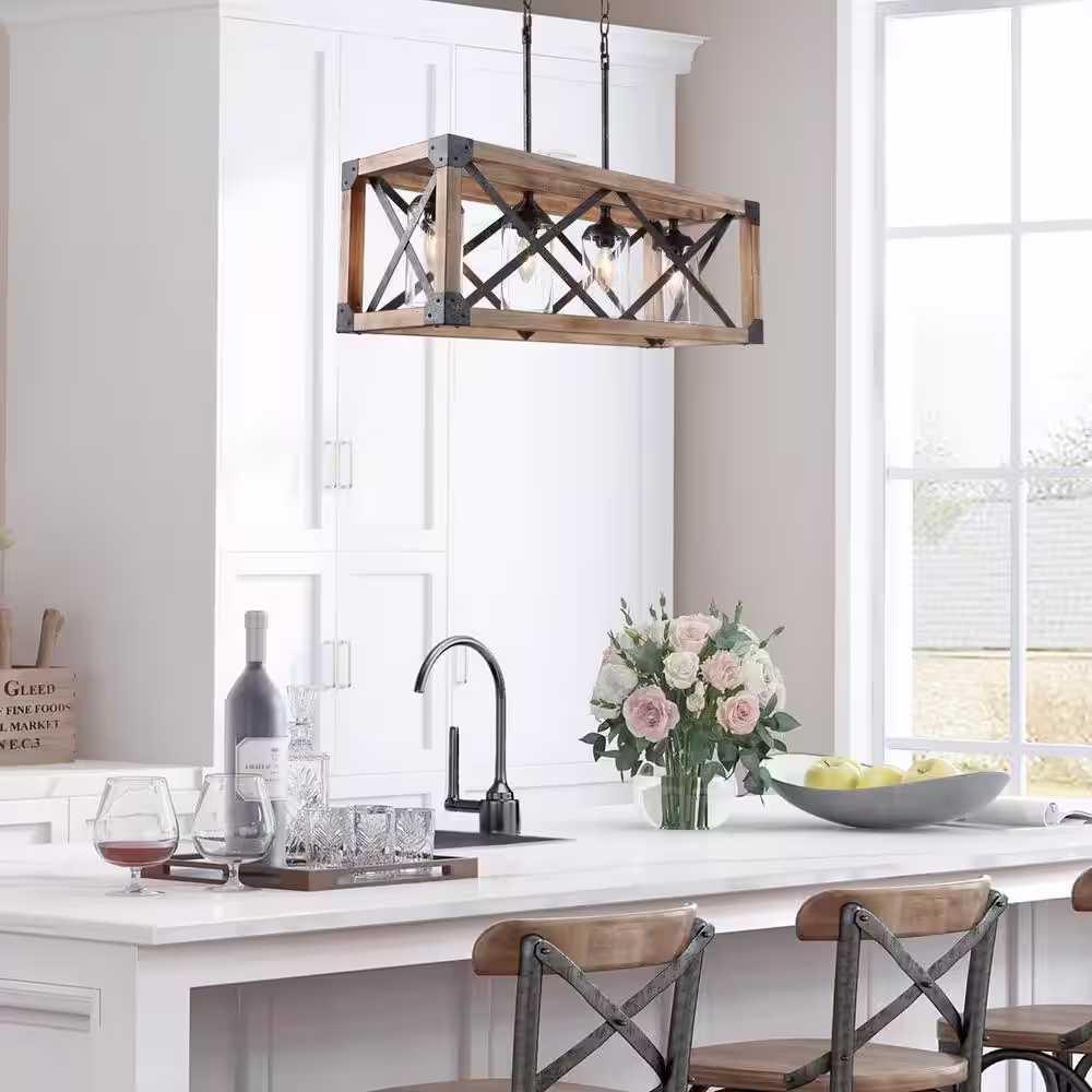 LNC Farmhouse Wood Island Chandelier, Distressed Black Hanging Ceiling Light 4-Light Modern Pendant with Clear Glass Shades