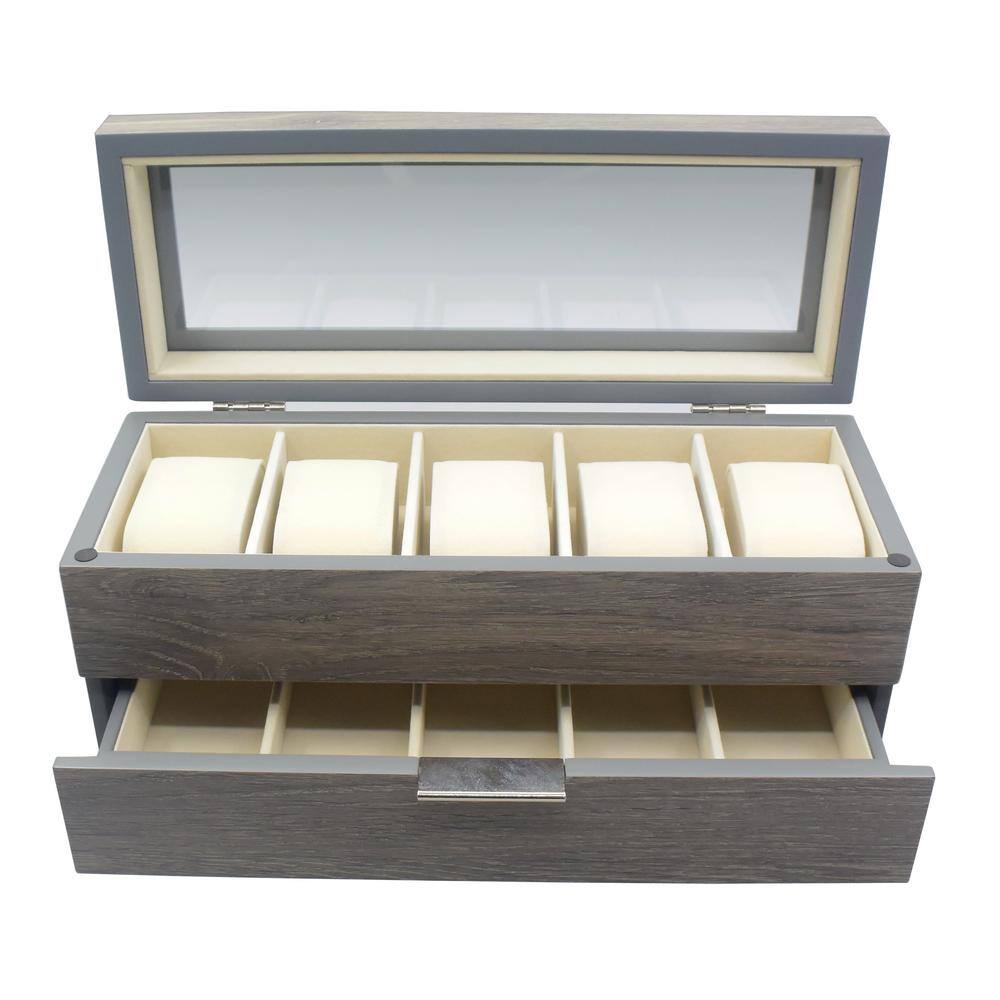 None Glass Lift Top Distressed Grey Watch Box