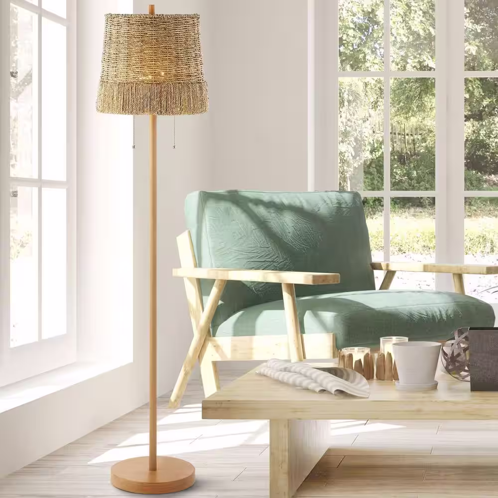 JONATHAN Y Ocata 61 in. 2-Light Coastal Bohemian Iron/Rattan LED Floor Lamp with Pull-Chain, Brown Wood Finish