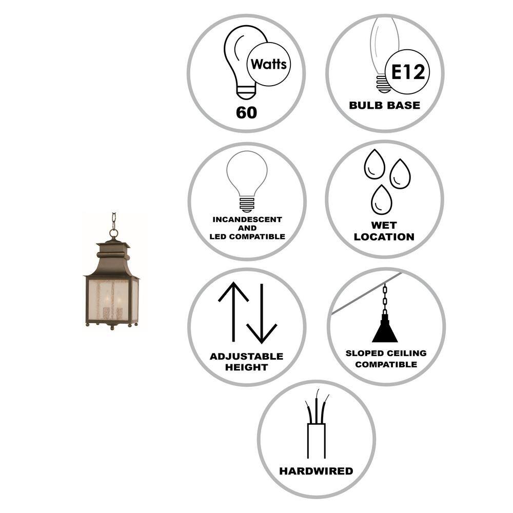 Bel Air Lighting Santa Ines 2-Light Weathered Bronze Hanging Outdoor Pendant Light Fixture with Seeded Glass