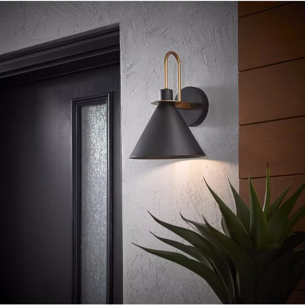 None Cagney Modern 1-Light Sand Black with Gold Hardwired Outdoor Barn Light Wall Sconce