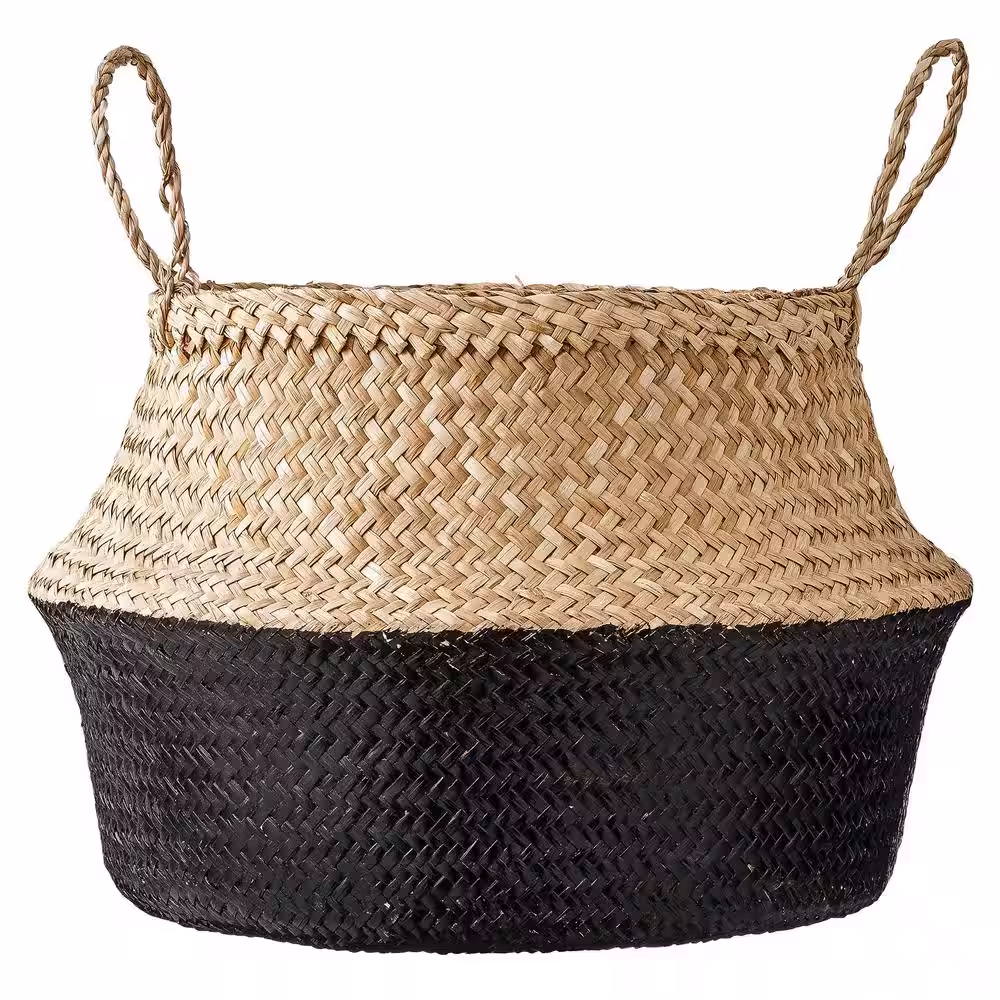 Storied Home Large Black and Beige Seagrass Folding Basket with Handles