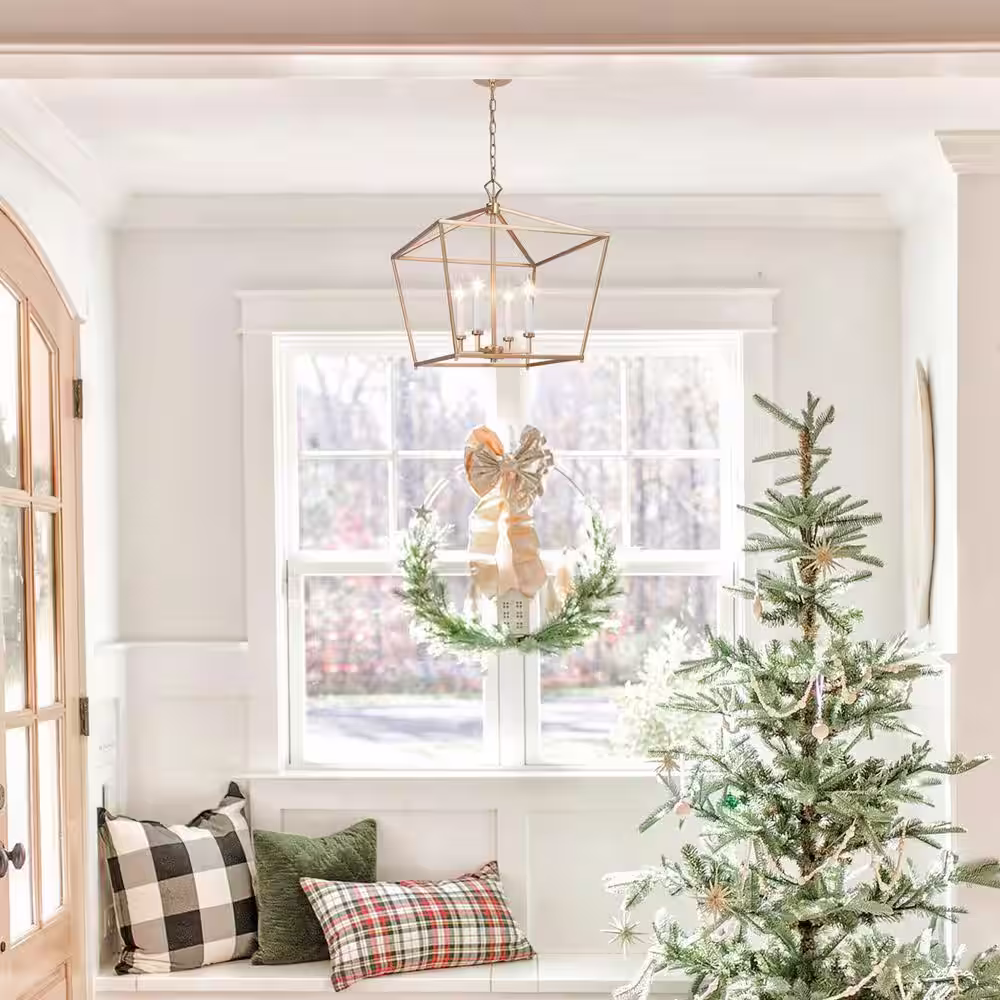 LNC 17.5 in. W Gold Chandelier Modern Candlestick Island 4-Light Lantern Cage Linear Geometric Pendant Chandelier