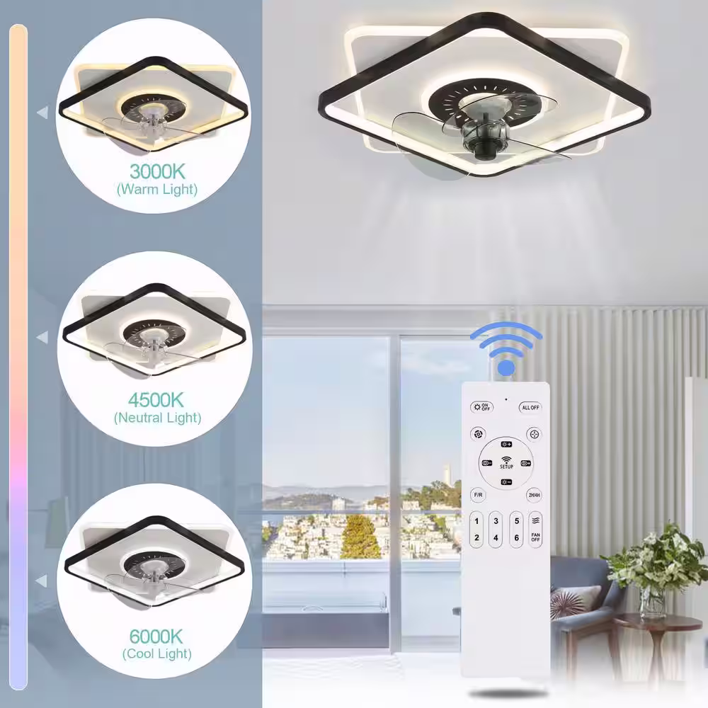 Oaks Aura Cotti 20 in. Integrated LED Indoor White Square Low Profile Ceiling Fan with Light, Flush Mount Ceiling Fan with Remote