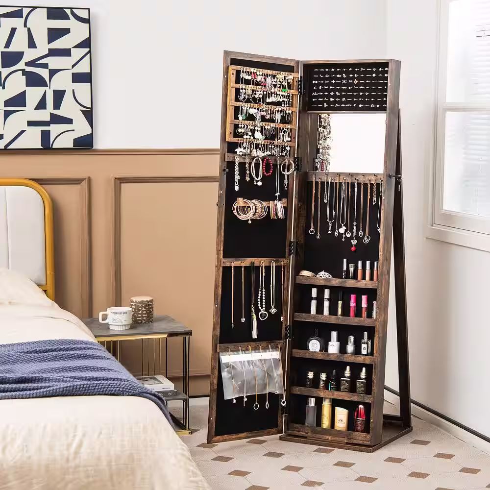 HONEY JOY Lockable Jewelry Cabinet Large Capacity Makeup Organizer with Mirror Built-in Makeup Mirror 5 Storage Shelves