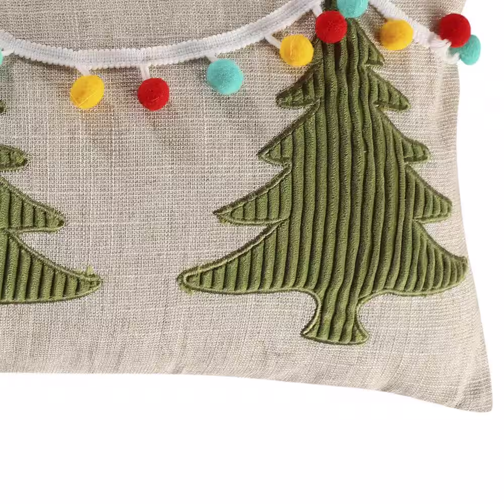 None Let It Snow Multicolor Christmas Trees, Pom Pom Trim Applique 12 in. x 24 in. Throw Pillow