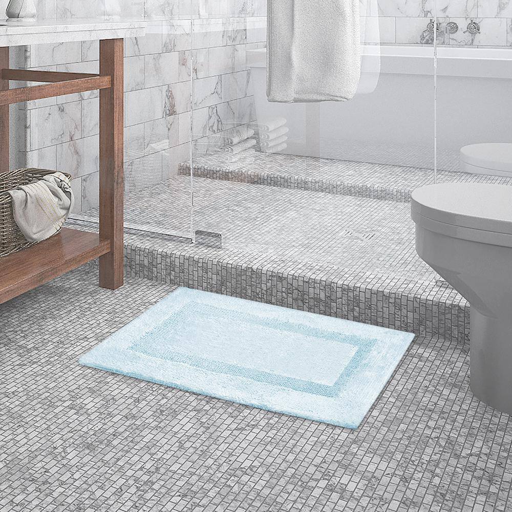 None Aqua 21 in. x 34 in. Inset Border Cotton Bath Mat