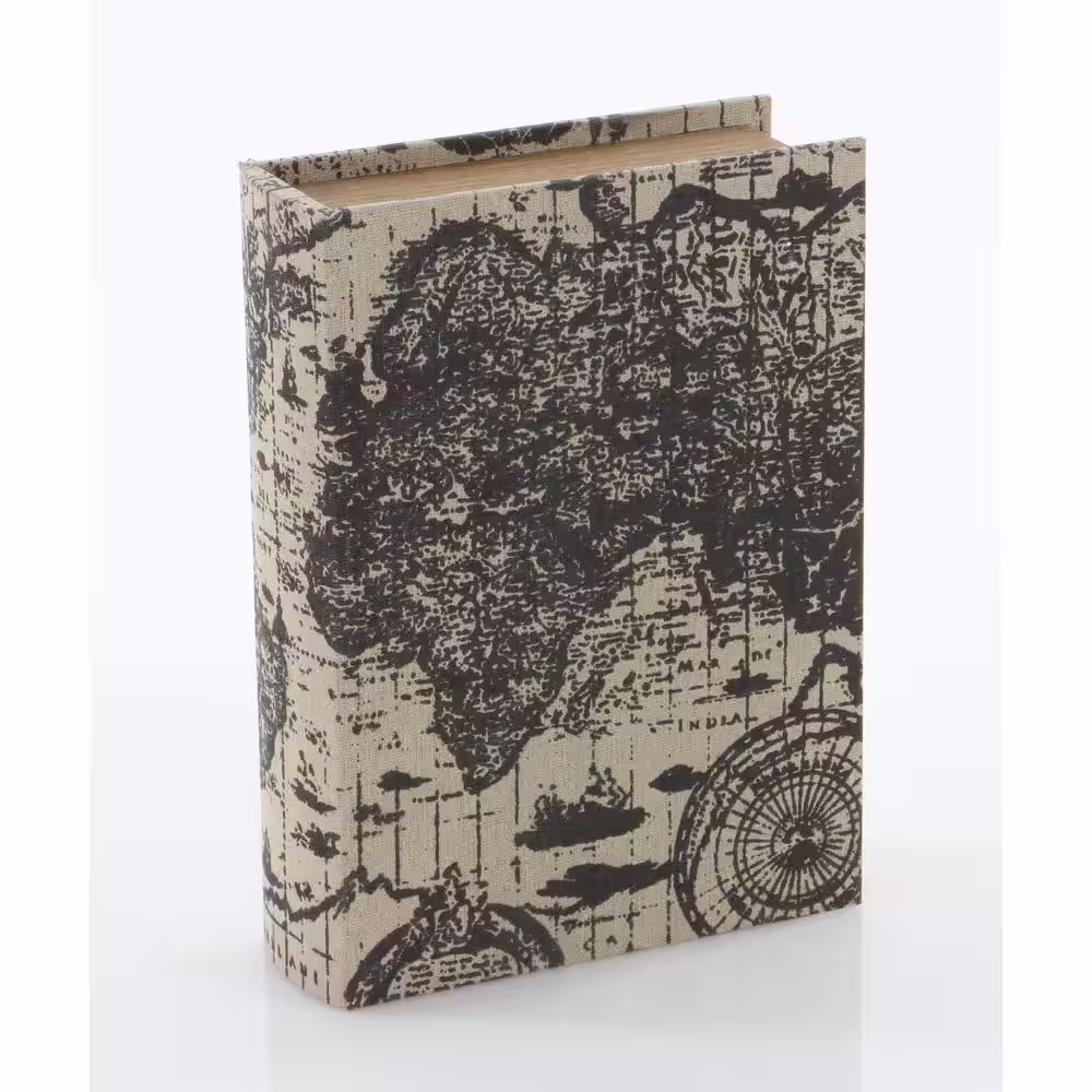 Litton Lane Rectangle Wood Faux Book Box with World Map Cover (Set of 3)