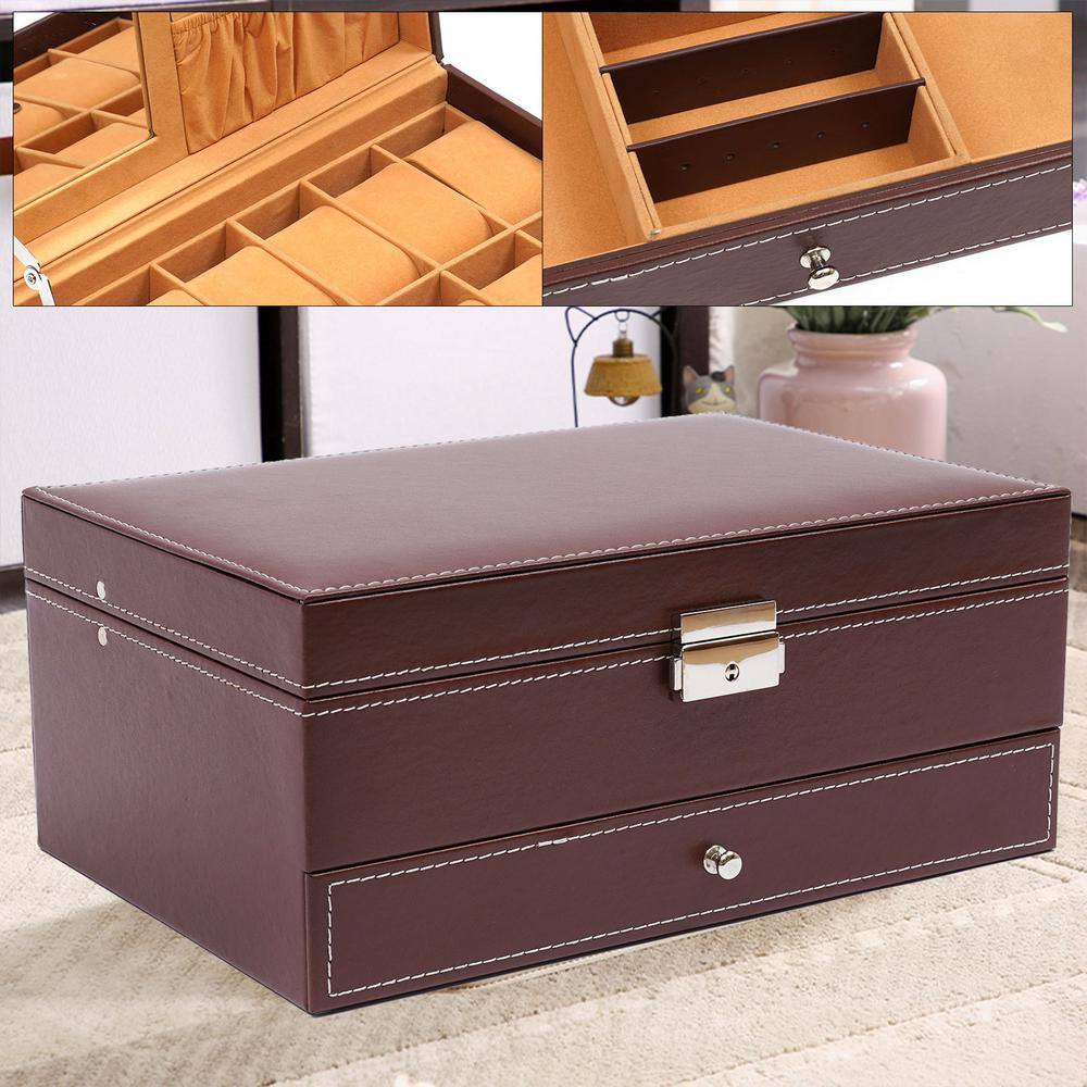 None 12.6 in. x 5.03 in. MDF and Leather 2-Layers Jewelry Box with Mirror