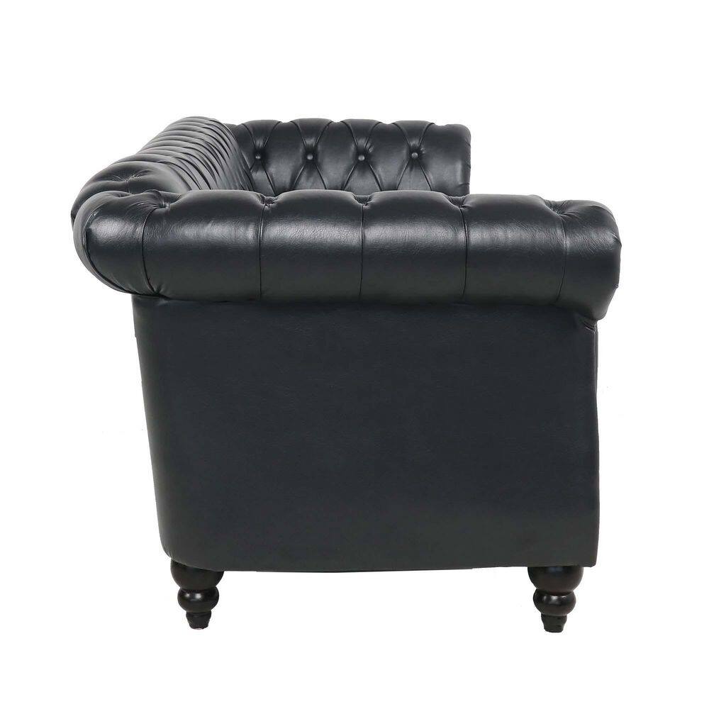 Harper & Bright Designs 84 in. W Rolled Arm Faux Leather Chesterfield Straight Sofa in Black