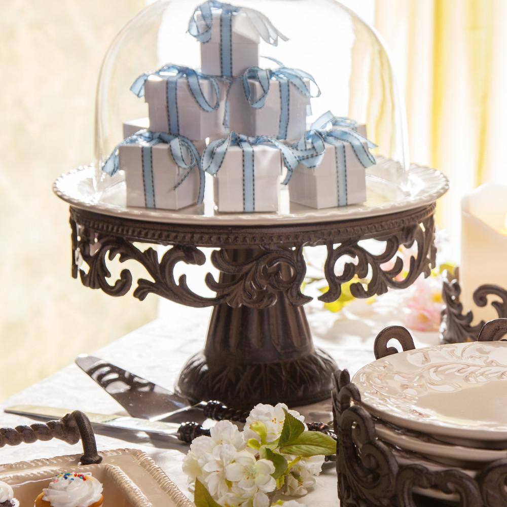 None Glass Domed Cake Pedestal With Acanthus Leaf Ornate Brown Metal Base and Cream Ceramic Plate