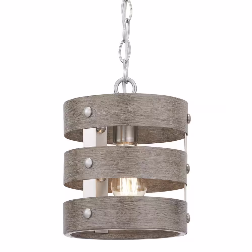 Progress Lighting Gulliver 1-Light Brushed Nickel Mini-Pendant with Weathered Gray Wood Accents