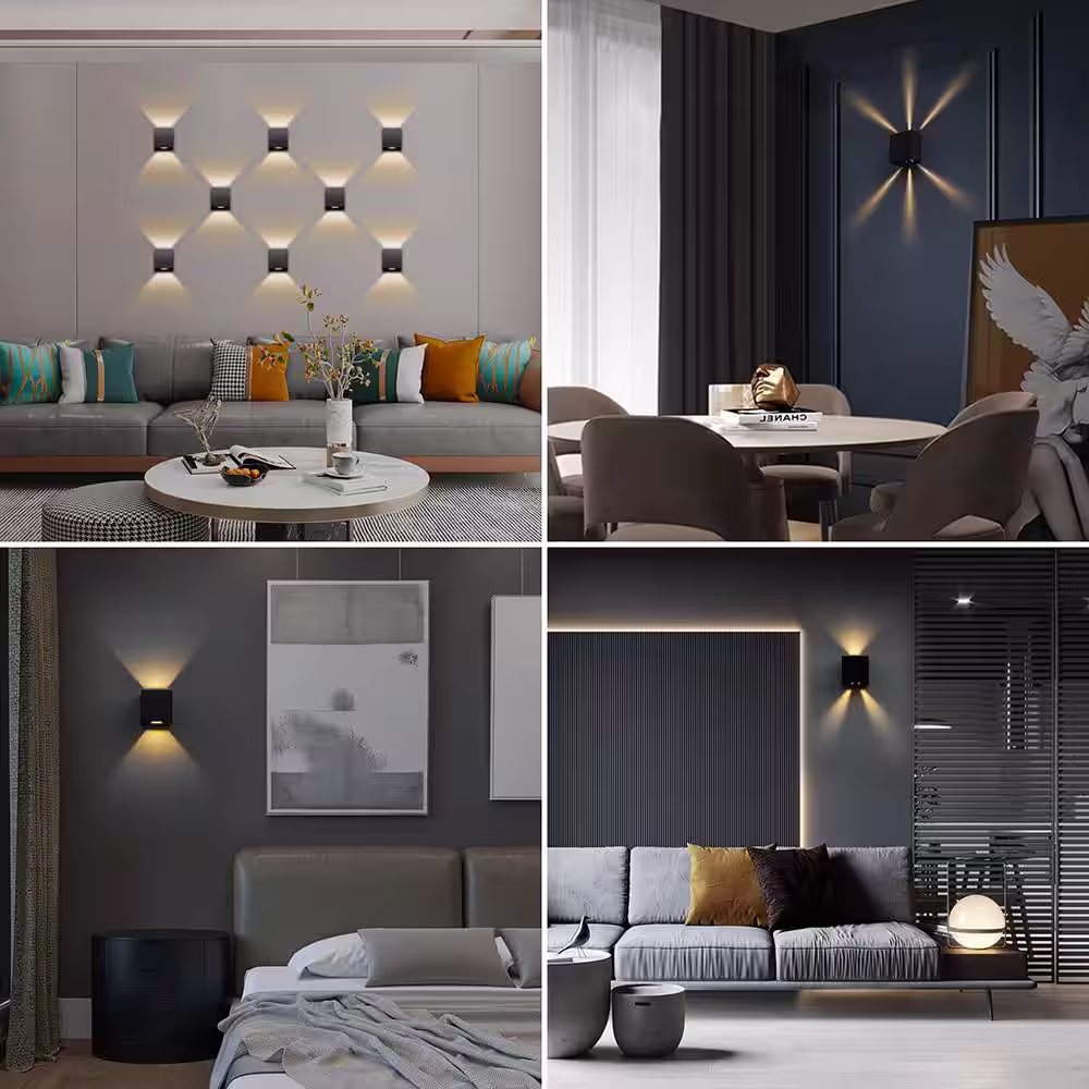 LUTEC 1-Light Black Hardwired Integrated LED Up and Down Lantern Wall Mounted Sconce Not Motion Sensing Wall Light (2-Pack)