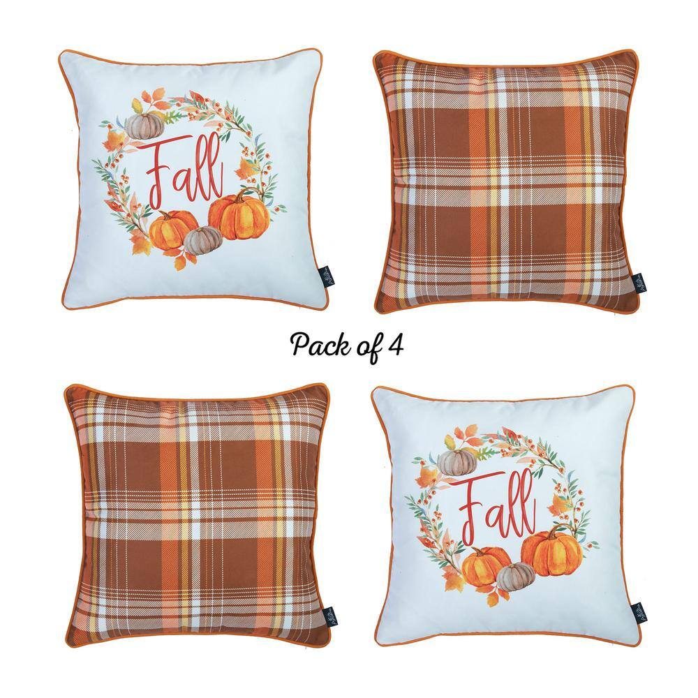 None Yellow and Orange Decorative Fall Thanksgiving Plaid and Pumpkins 18 in. x 18 in. Square Throw Pillow Cover (Set of 4)