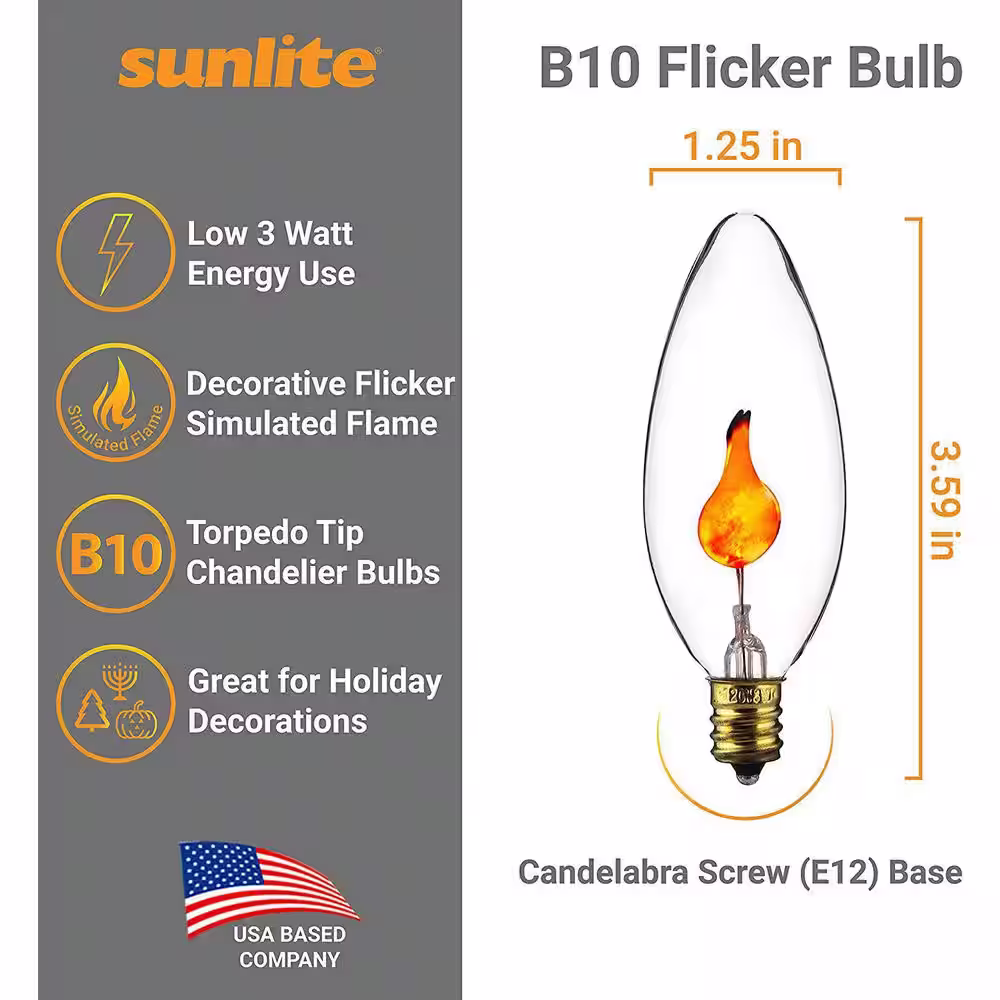 Sunlite 3-Watt B10 E12 Torpedo Tip Edison Incandescent Halloween Candelabra Base Chandelier Flickering Lighting Bulb (12-Pack)