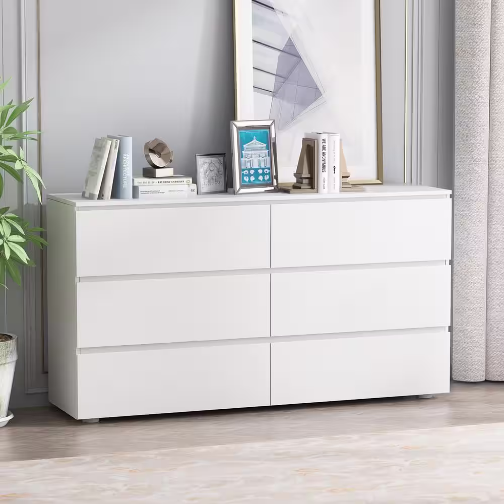 None 6-Drawers White Wood Chest of Drawer Dresser Cabinet Organizer 59 in. W x 15.7 in. D x 32.3 in. H