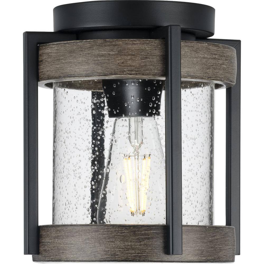 Progress Lighting Whitmire 1-Light Matte Black with Aged Oak Accents Clear Seeded Glass Farmhouse Outdoor Ceiling Mount Light