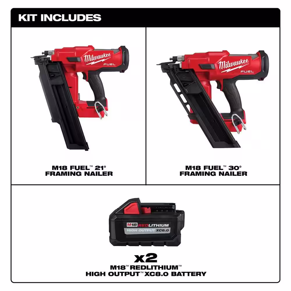 Milwaukee M18 FUEL 3-1/2 in. 18-Volt 21-Degree Lithium-Ion Brushless Cordless Nailer w/3.5 in. 30-DG Nailer, Two 6Ah HO Batteries