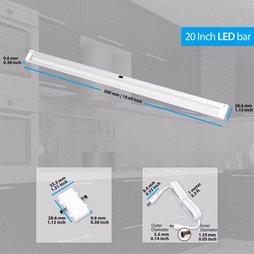 ESHINE 20 in. LED 3000K White Under Cabinet Lighting with Sensor (No Power Supply Included)