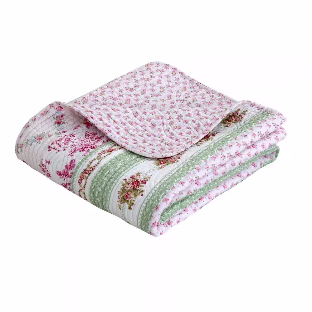 Cozy Line Home Fashions Pink Blue Multi-Color Floral Bloom Garden Vines Stripe Cotton Throw Blanket