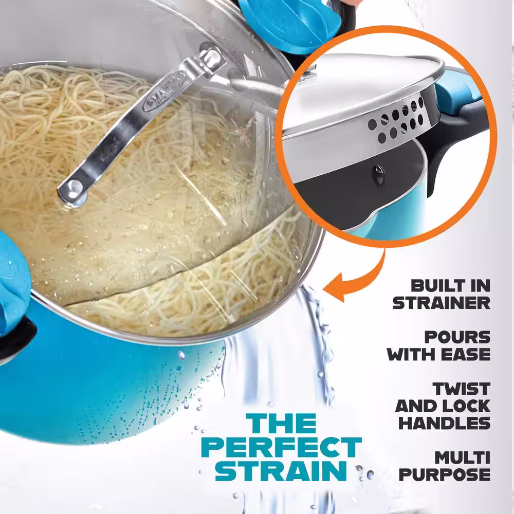 Gotham Steel Aqua Blue 5 qt. Non-Stick Aluminum Ti-Ceramic Pasta Pot with Built-In Strainer and Twist N' Lock Handles