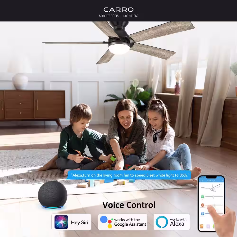 CARRO Aspen 52 in. Dimmable LED Indoor/Outdoor Black Smart Ceiling Fan with Light and Remote, Works with Alexa/Google Home