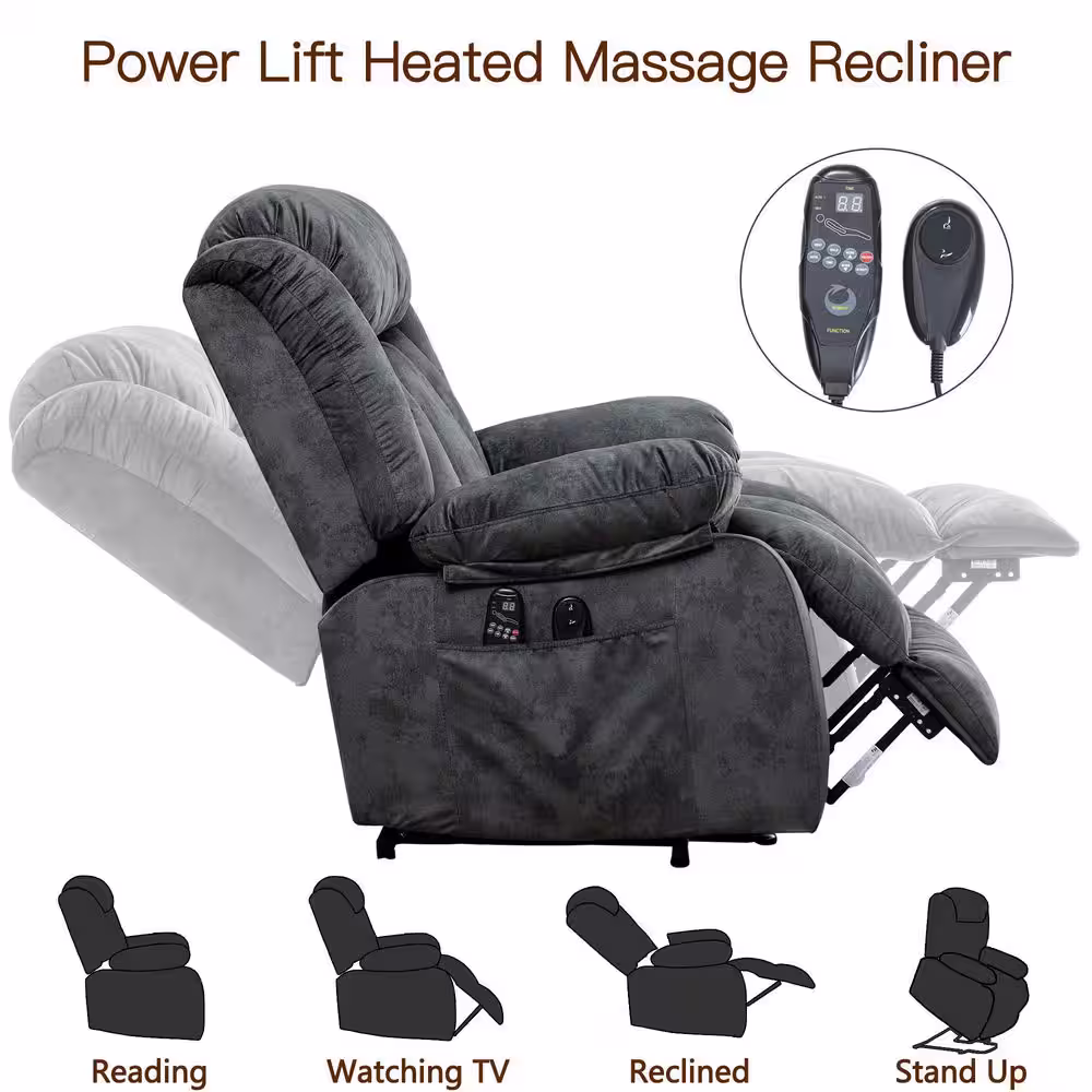 KINWELL Gray Soft and Big Multifunctional Power Lift Heated Massage Recliner