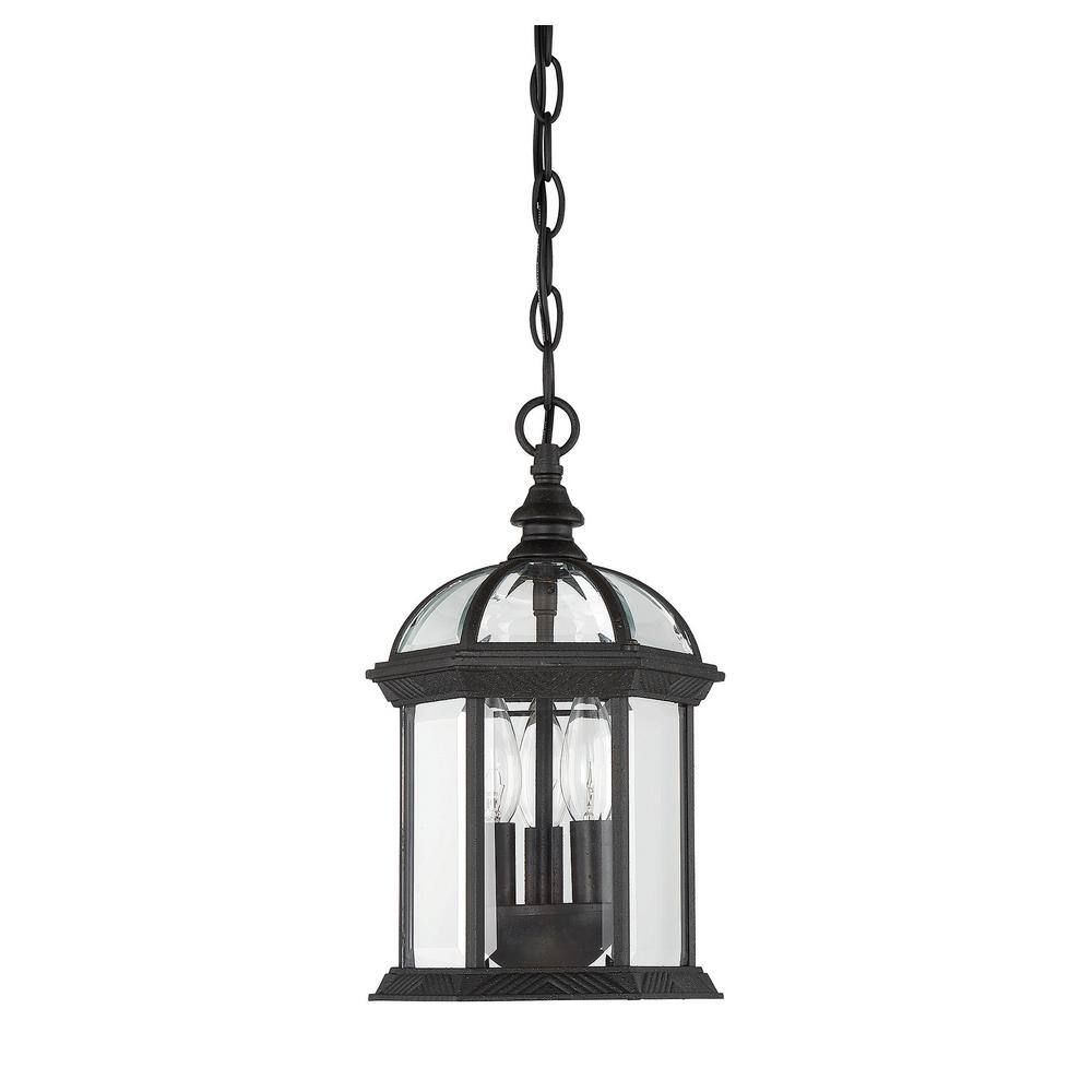 Savoy House Kensington 8.25 in. W x 13.75 in. H  3-Light Textured Black Outdoor Hanging Lantern with Clear Beveled Glass Panels