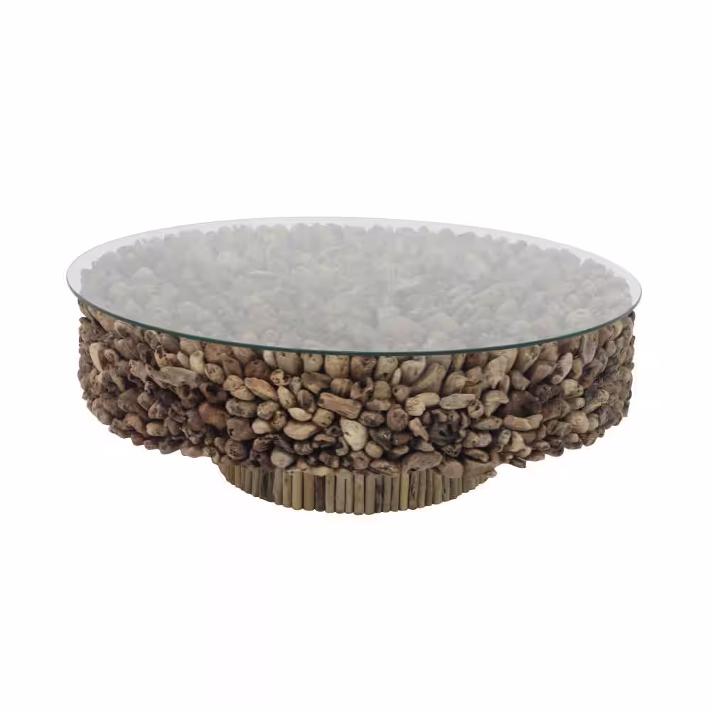Litton Lane 48 in. Brown Medium Round Driftwood Handmade Collage and Pedestal Base Coffee Table with Tempered Glass Top