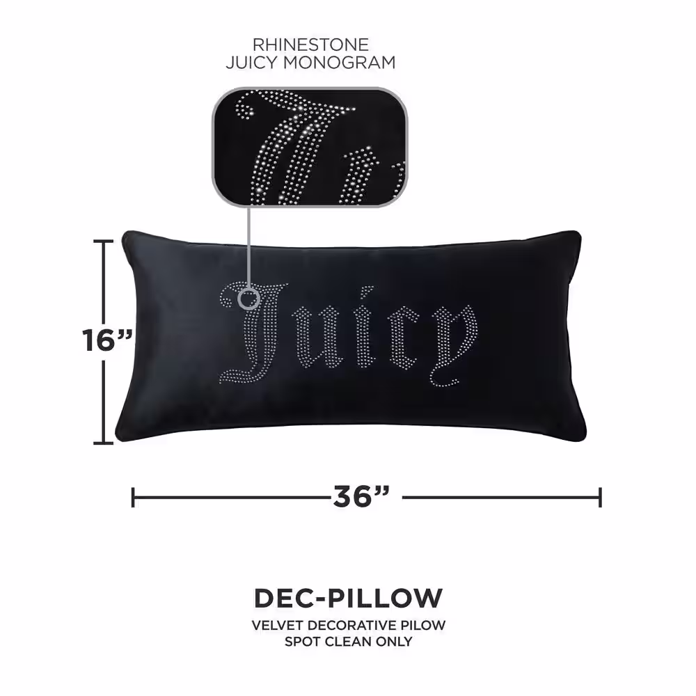 JUICY COUTURE Silver Rhinestone Black Velvet 16 in. x 36 in. Throw Pillow