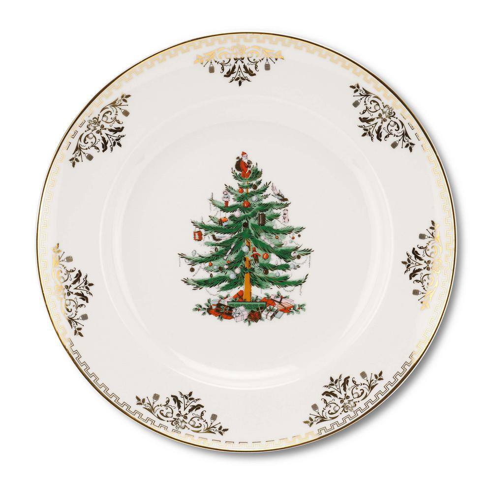 Spode Christmas Tree Four Piece White and Gold Ceramic Dinnerware Set (Service for 1)