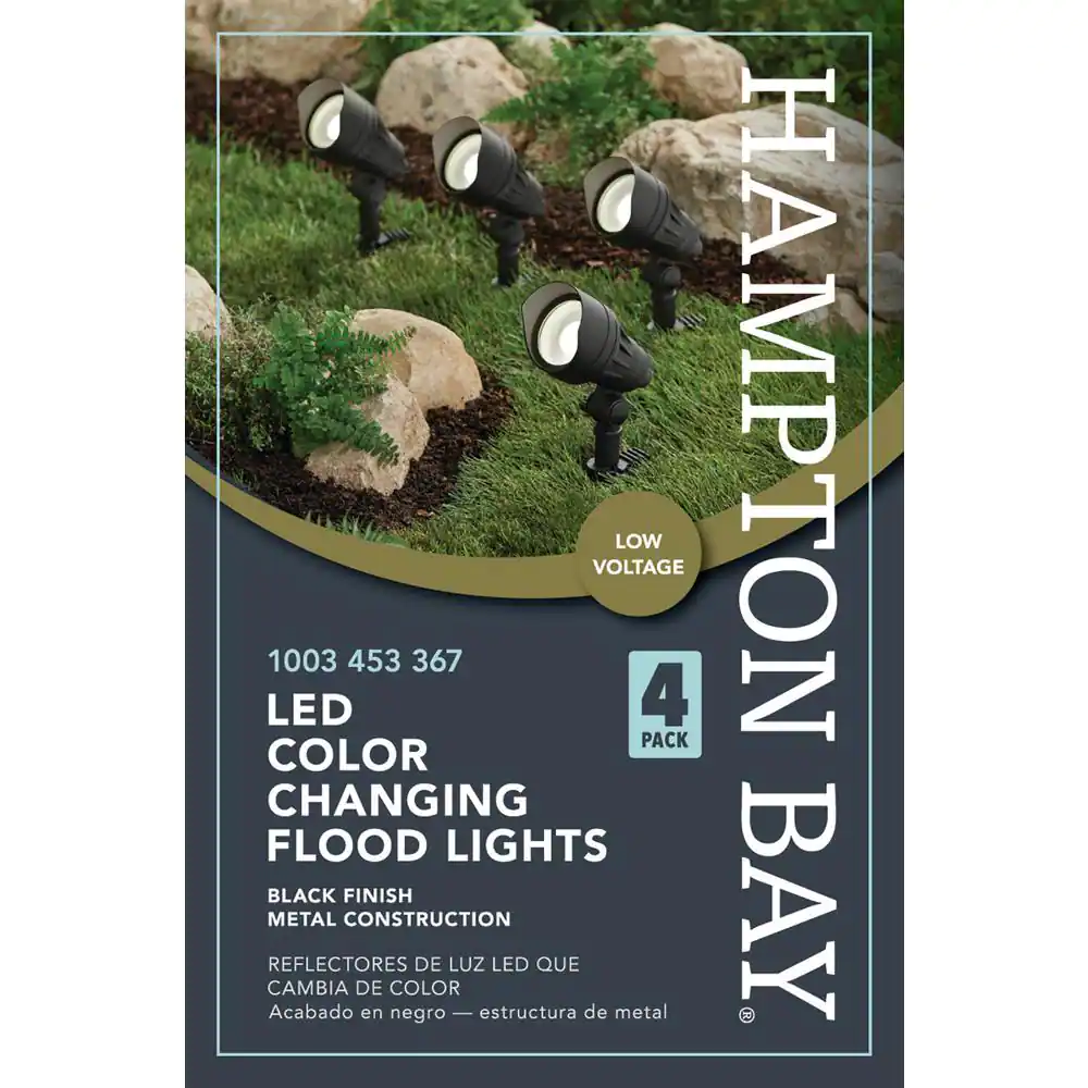 Hampton Bay 50-Watt Equivalent Low Voltage Millennium Black Adjustable Color Integrated LED Outdoor Landscape Flood Light (4-Pack)
