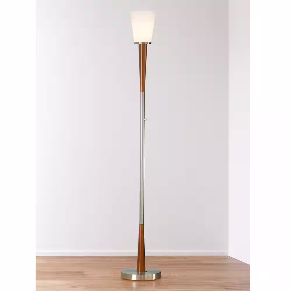 HomeGlam Century 72 in. Brushed Nickel Finish Wood Torchiere Floor Lamp Dimmer Switch with LED Bulb Included