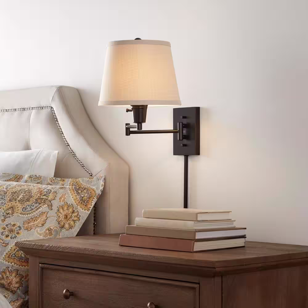 Hampton Bay Ellsworth 1-Light Oil Rubbed Bronze Swing Arm Plug-In Wall Lamp with Fabric Shade
