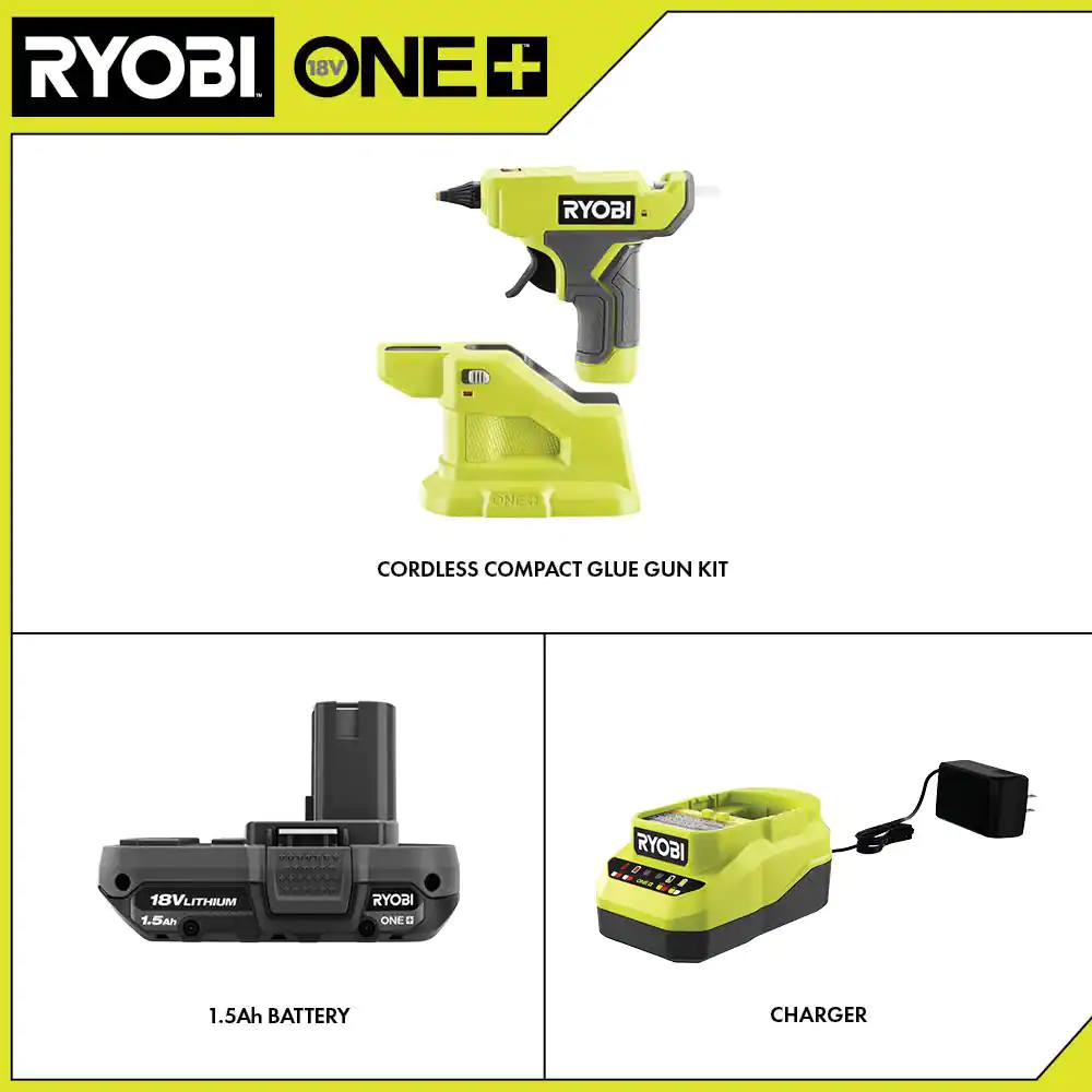 RYOBI ONE+ 18V Cordless Compact Glue Gun Kit with 1.5 Ah Battery and 18V Charger