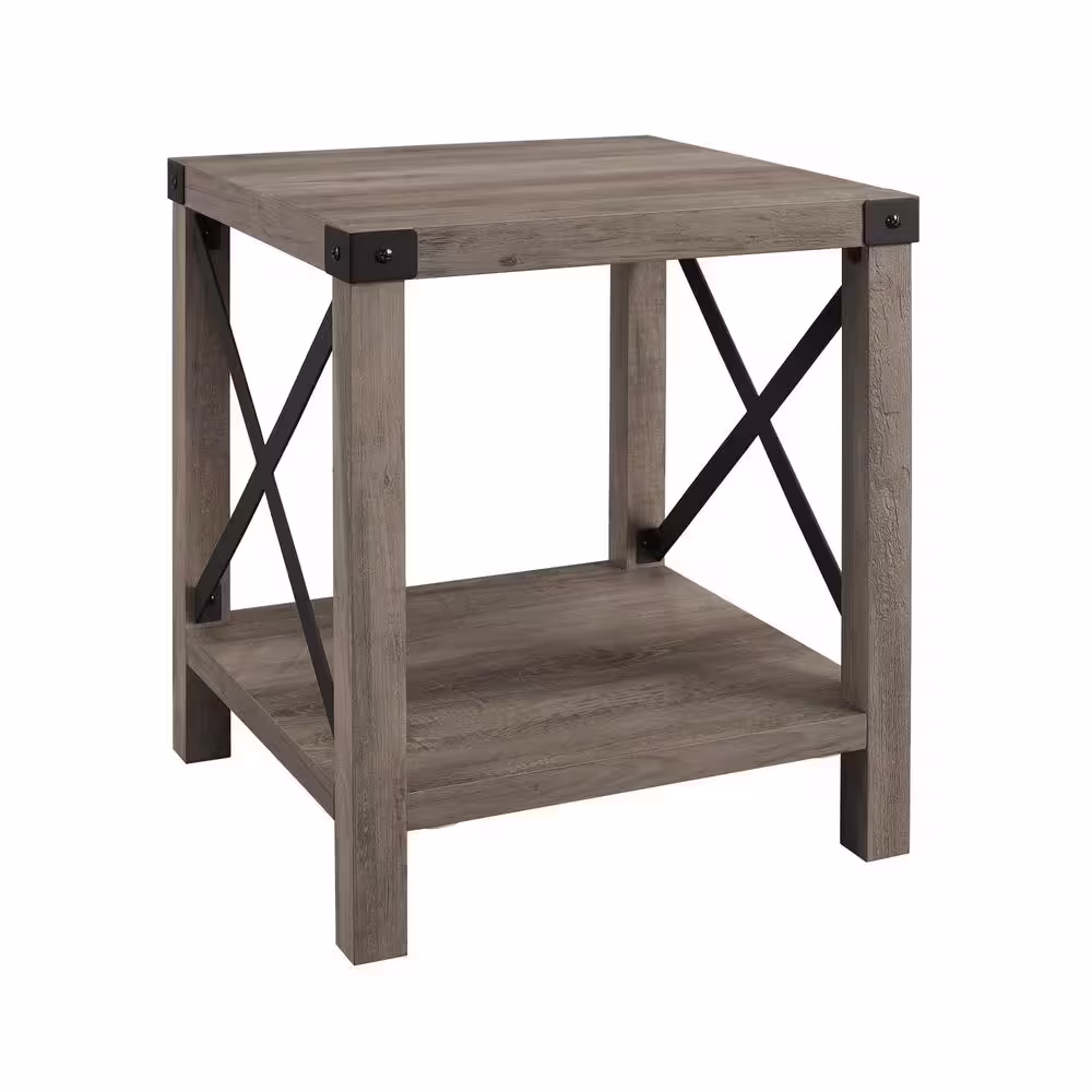 Walker Edison Furniture Company Urban Industrial 18 in. Grey Wash Square Metal X Accent Side Table with Lower Shelf