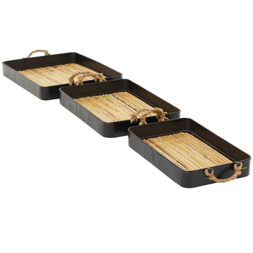 Novogratz Light Brown Handmade Rattan Slatted Base Decorative Tray with Metal Sides and Rope Handles (Set of 3)