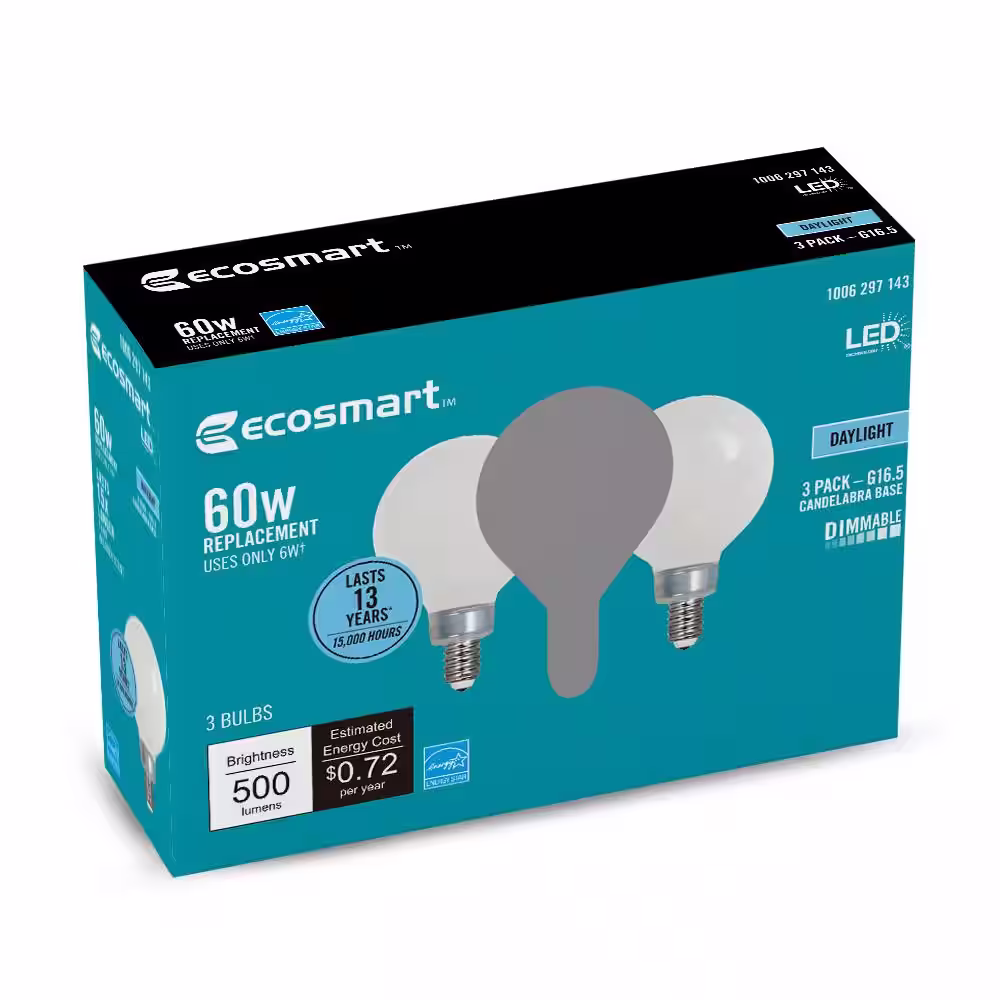 EcoSmart 60-Watt Equivalent G16.5 Dimmable ENERGY STAR CEC Filament LED Light Bulb Daylight (3-Pack)