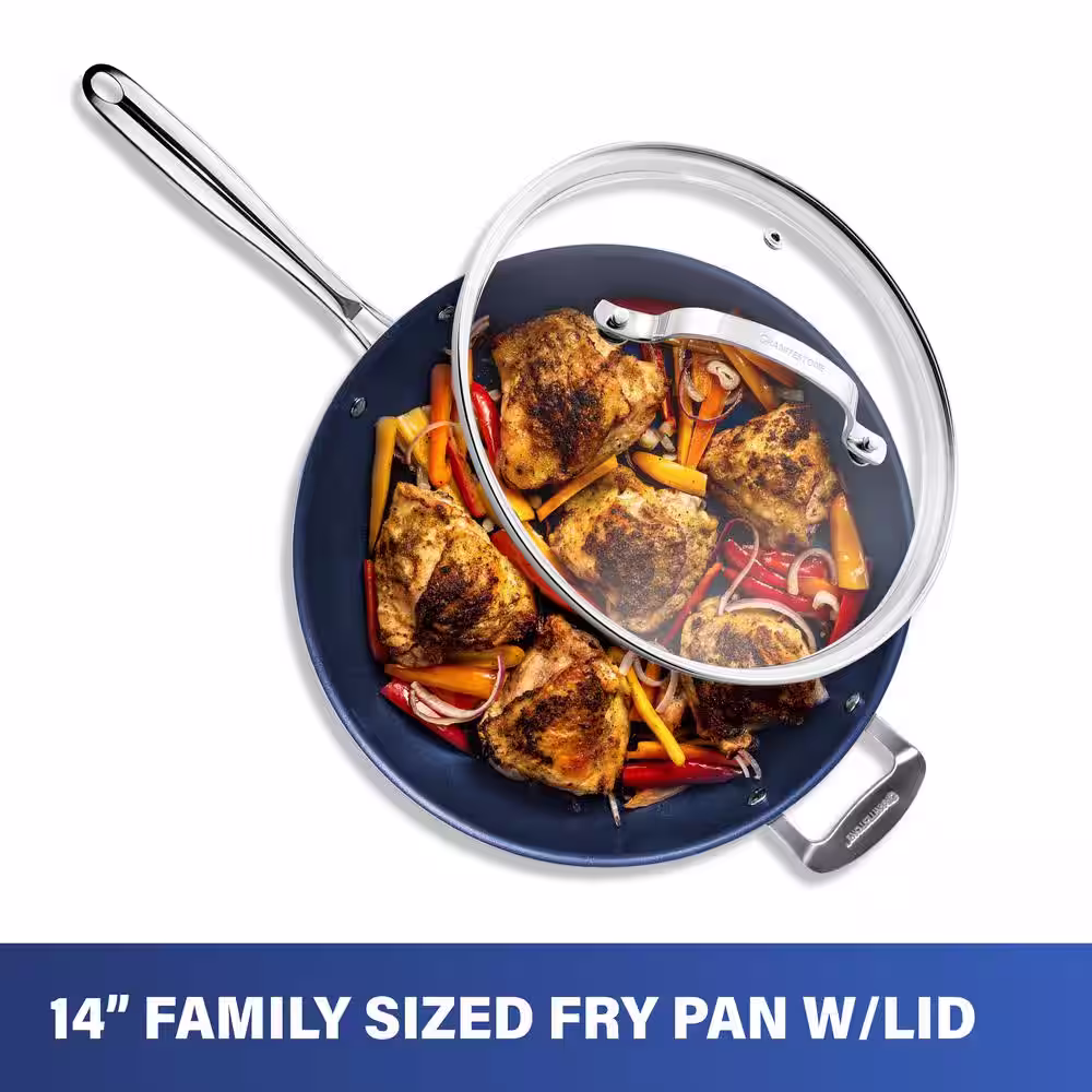 GRANITESTONE Classic Blue 14 in. Aluminum Ultra-Durable Diamond Infused Family Skillet with Glass Lid and Helper Handle