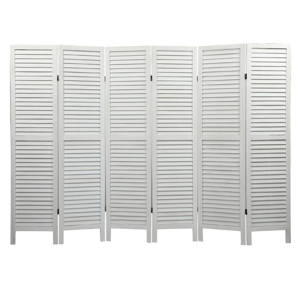 None Sycamore Wood 6 Panel Screen Folding Louvered Room Divider, Freestanding Privacy Screen Room Dividers, Old White