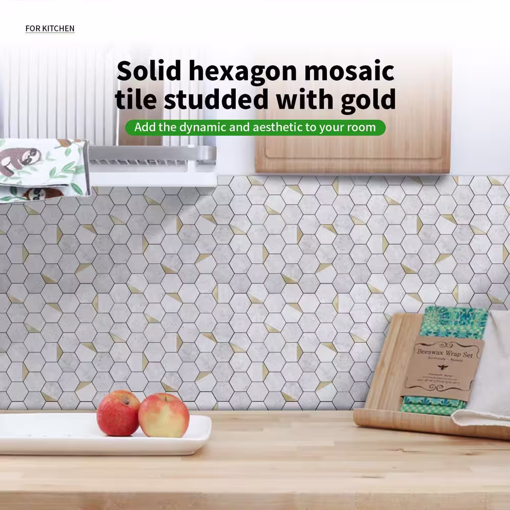 LONGKING Hexagon Mosaic Tiles Greyish White 12.6 in. x 12.3 in. PVC Peel and Stick Tile for Kitchen, Fireplace (9 sq. ft./Box)