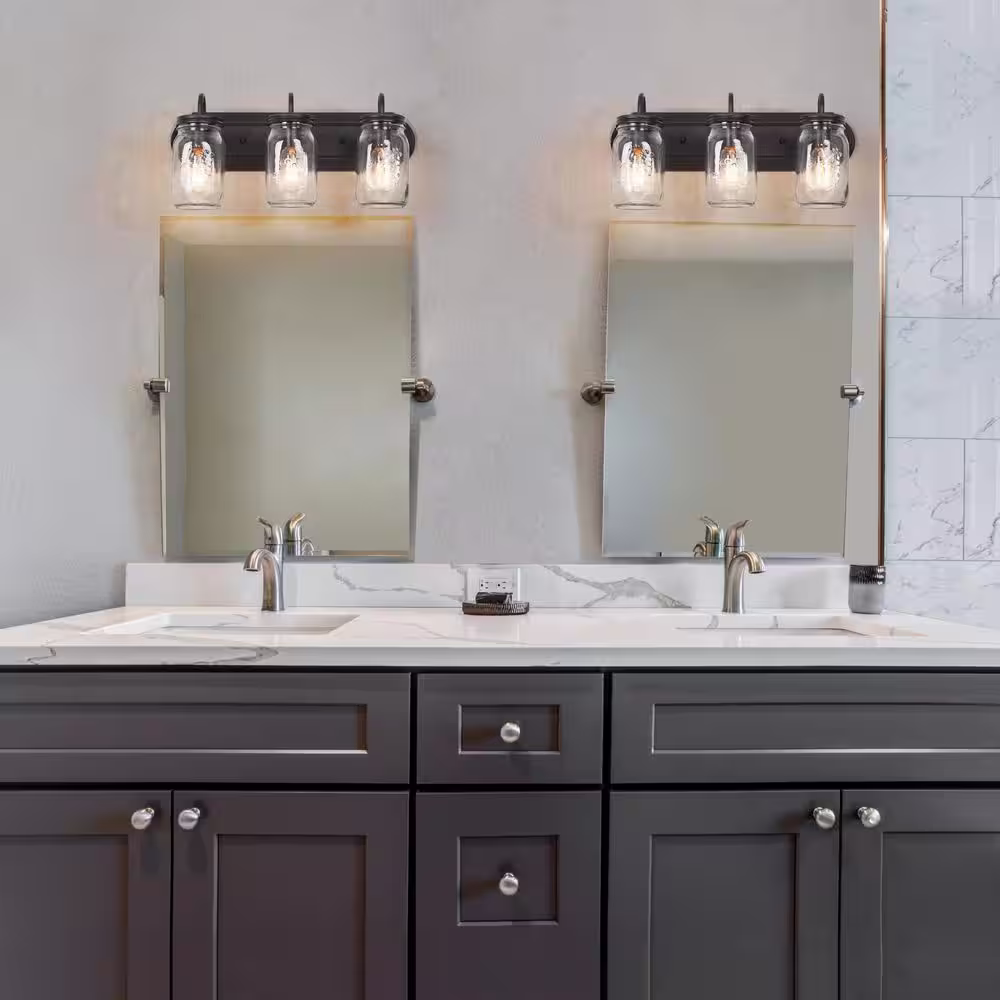 LNC 3-Light Oil-Rubbed Bronze Farmhouse Vanity Light Industrial Bath Wall Sconce Light with Clear Mason Jar Glass Shades
