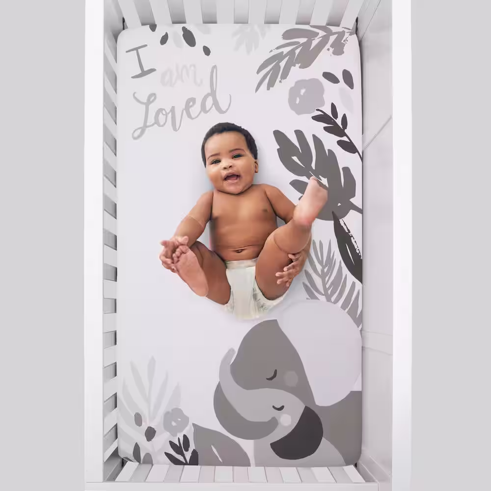NoJo Elephant Hugs Grey and White I Am So Loved 100% Cotton Photo Op Fitted Crib Sheet