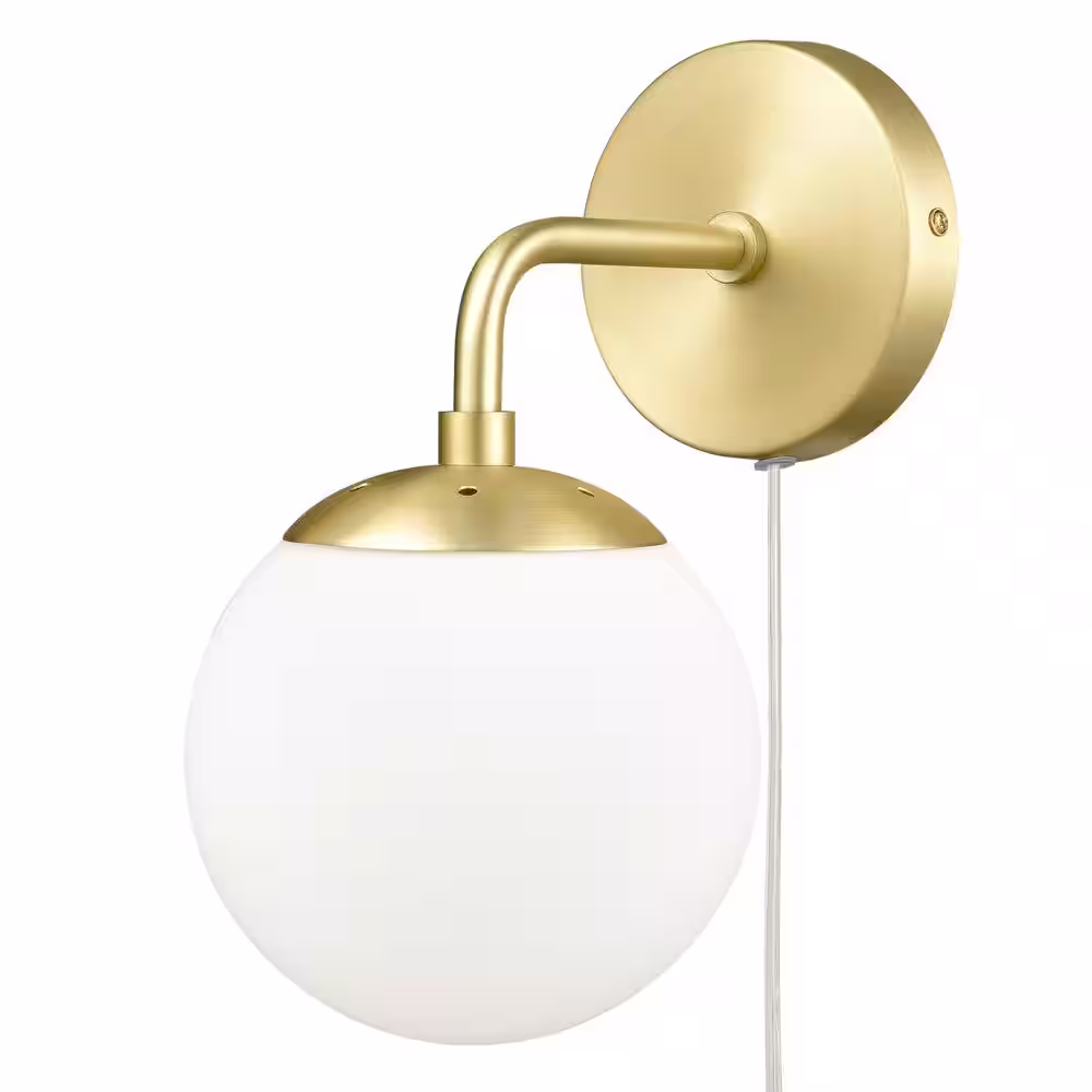 Light Society Greta 4.75 in. Brushed Brass/White Globe Plug-In Wall Sconce with Glass Shade